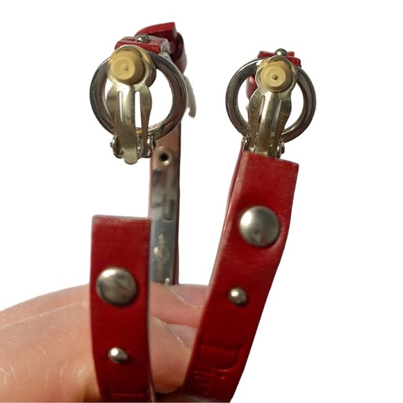 AUTH VTG Christian Dior Red Leather Logo Silver Belt Buckle Large Hoop Earrings - Picture 11 of 14